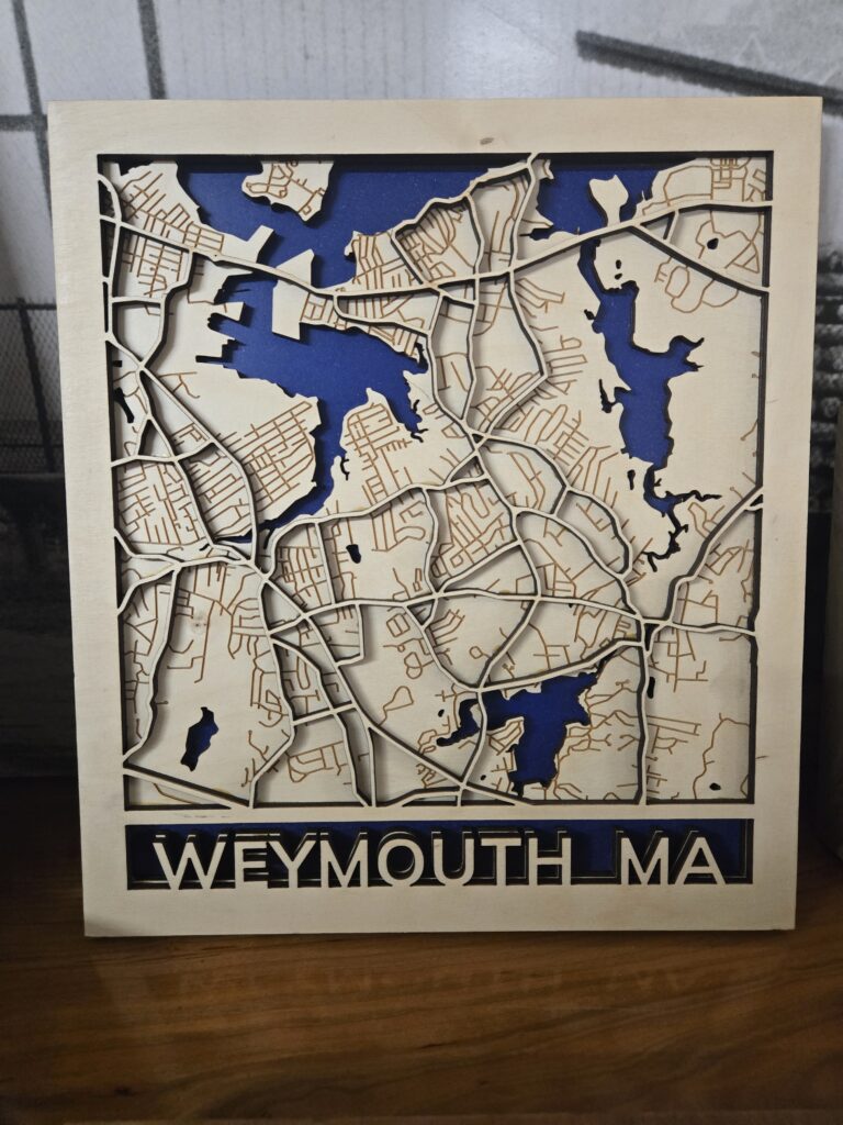 custom map of Weymouth, MA made from wood.
