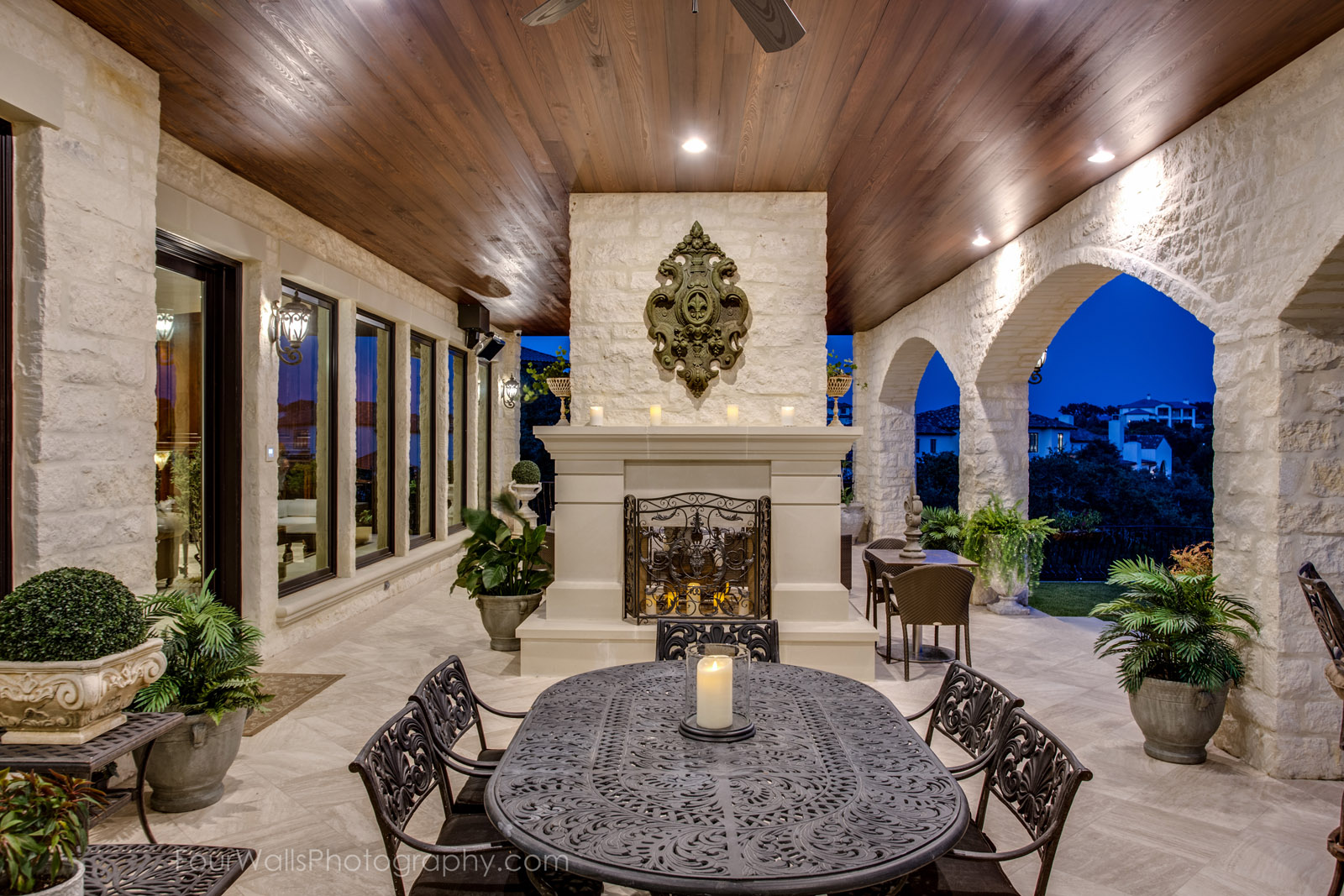Covered Porch at dining table after sun down