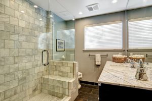 Luxury white and grey marble bathroom interior.