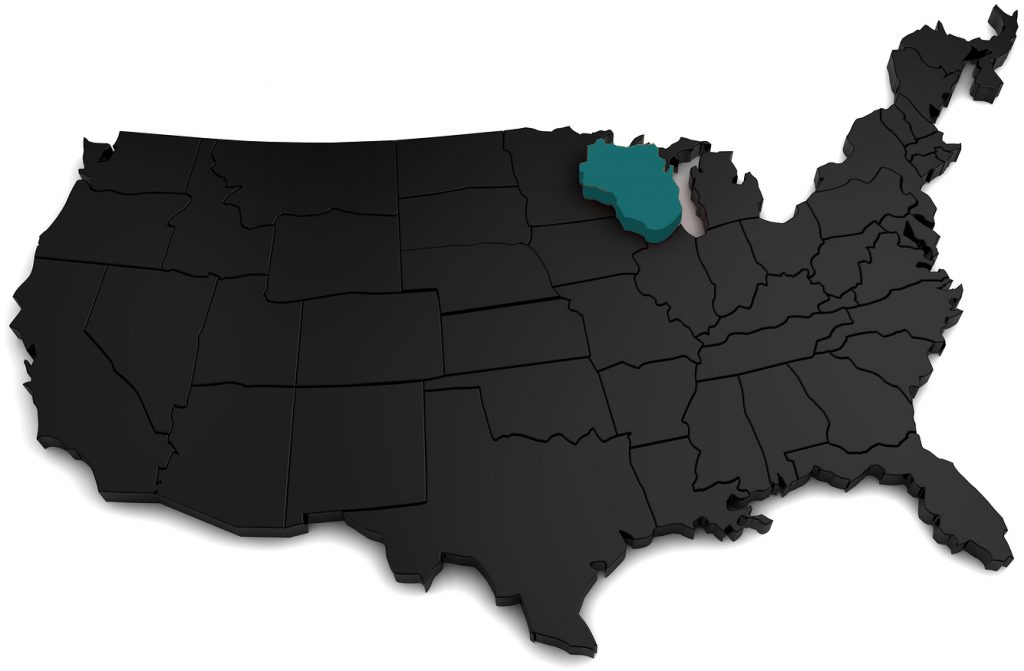 United States of America, 3d black map, with Wisconsin state highlighted in orange. 3d render